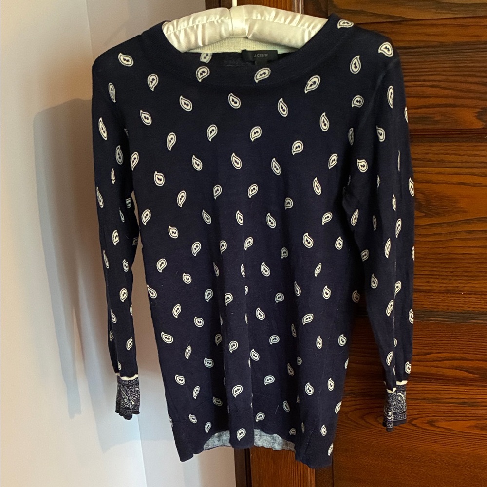 J. Crew Navy Sweater with White Paisley Motif